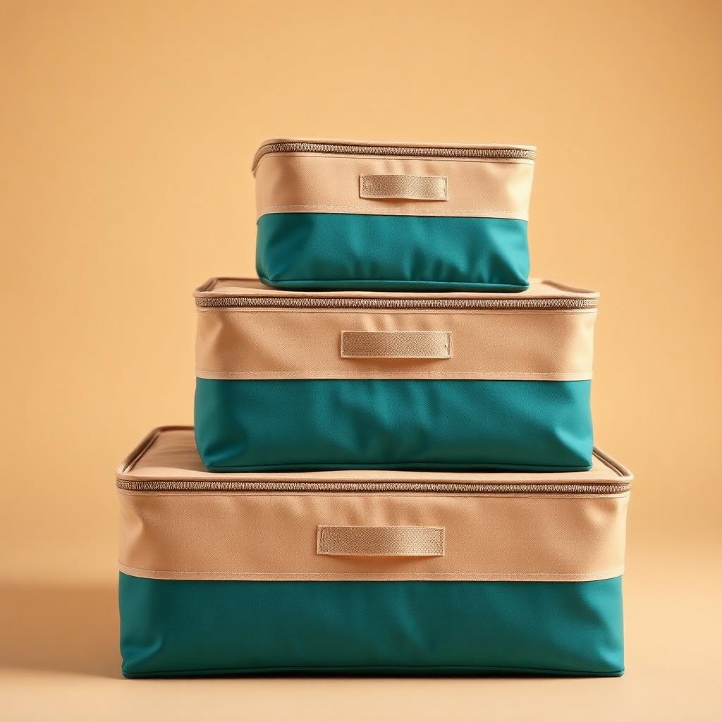 Six-piece teal and sand Compass packing cube set on a clean studio background