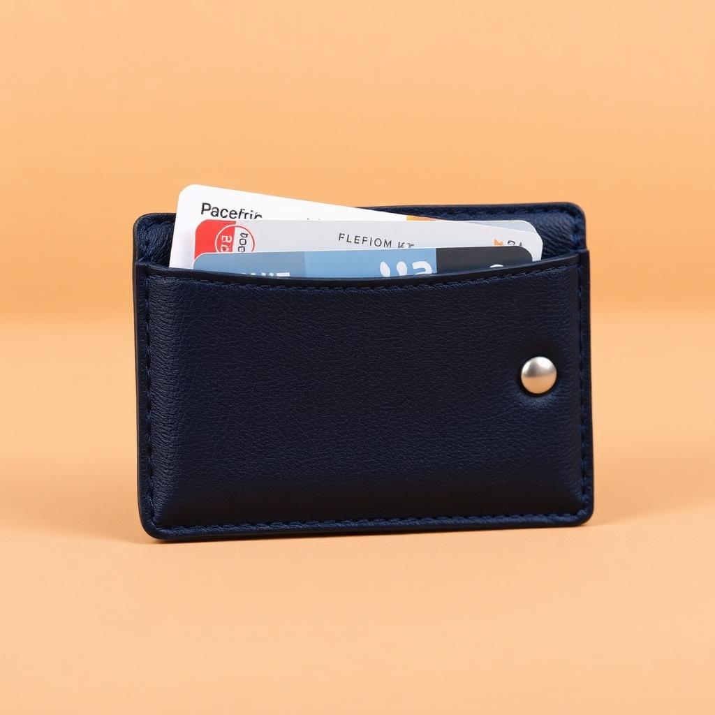 Slim navy Sentry RFID travel wallet with cards on a clean studio background